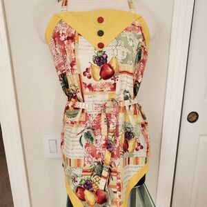 Colorful Fruit Print Apron with Yellow Trim